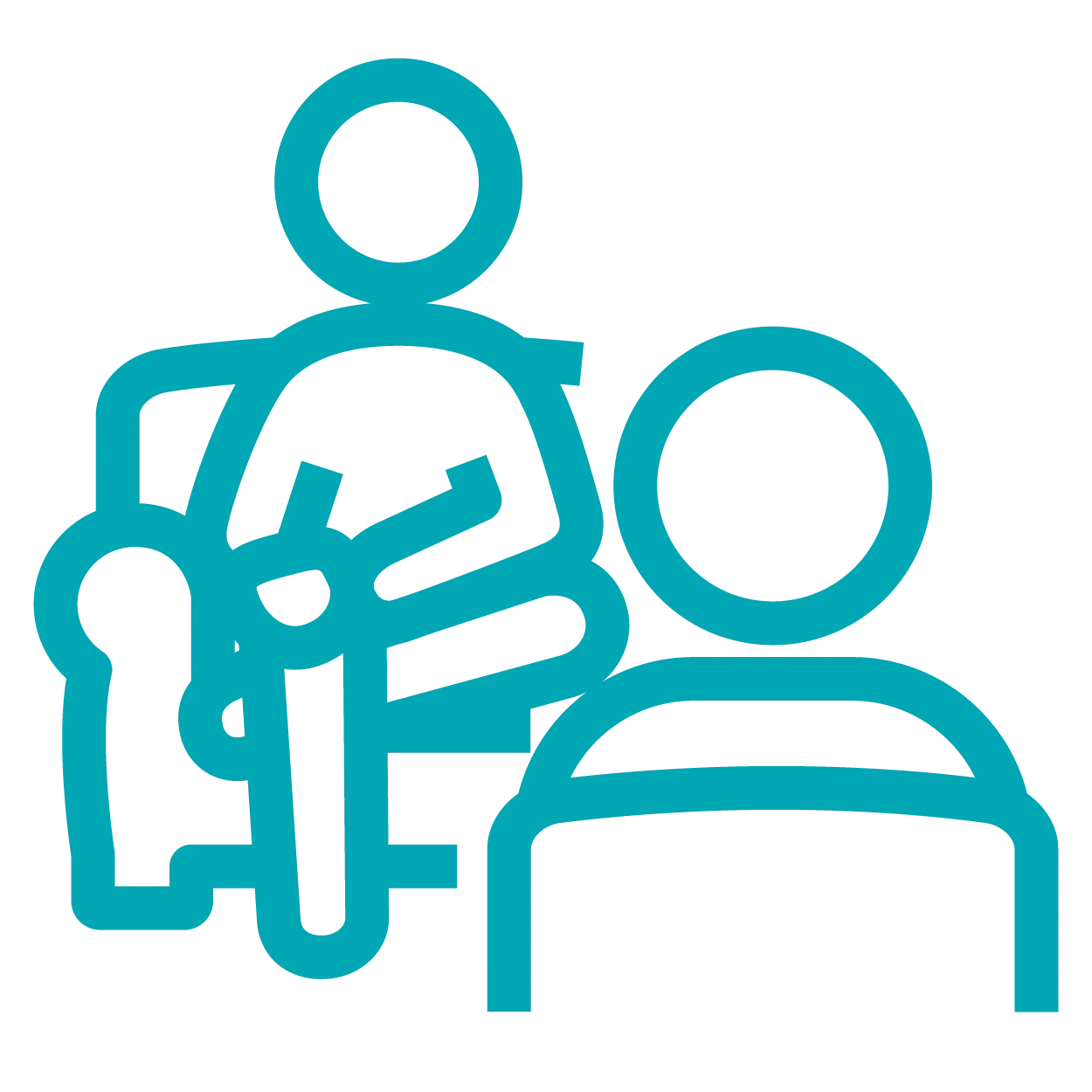 Two stick figures: one seated in a chair, one facing them, indicating a therapy session. Turquoise.