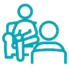 Two stick figures: one seated in a chair, one facing them, indicating a therapy session. Turquoise.