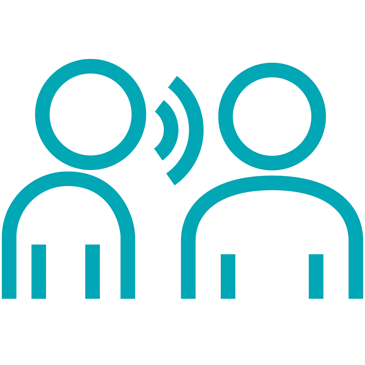 Two teal figures, one speaking to the other with sound waves between them.