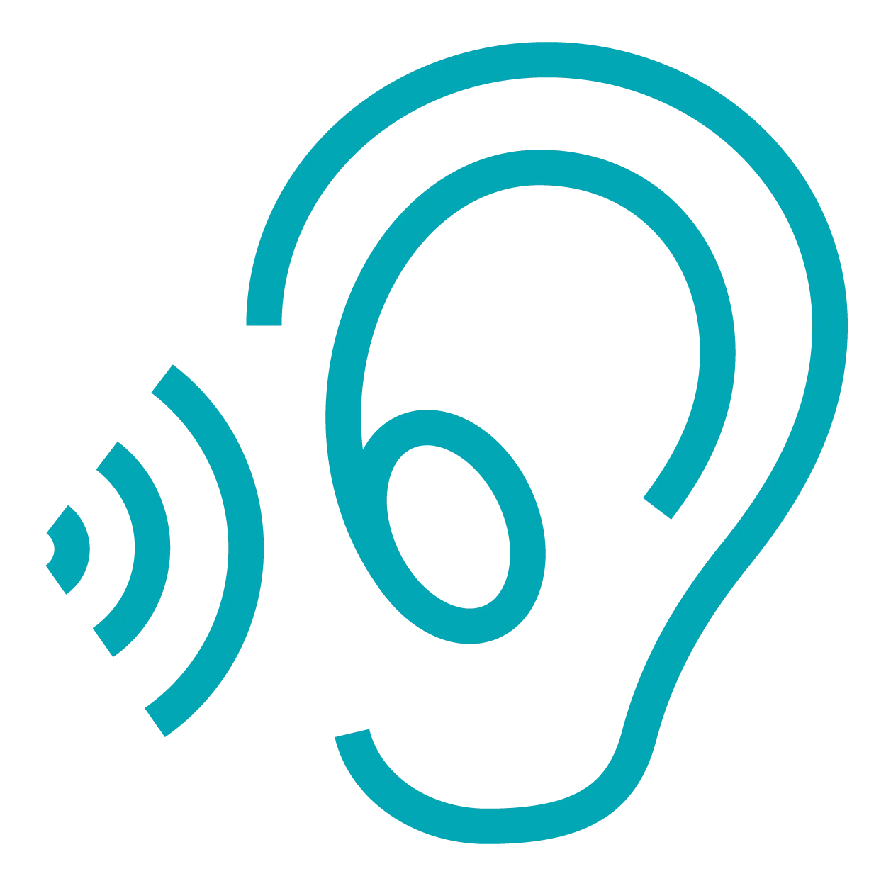 Teal outline of an ear with sound waves, indicating hearing or sound-related content.