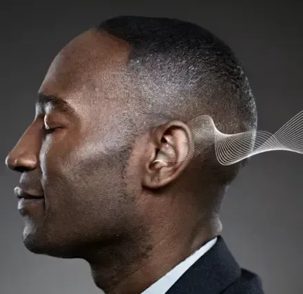 Man with closed eyes, side profile. White wavy line emanates from ear, possibly representing sound or thought.