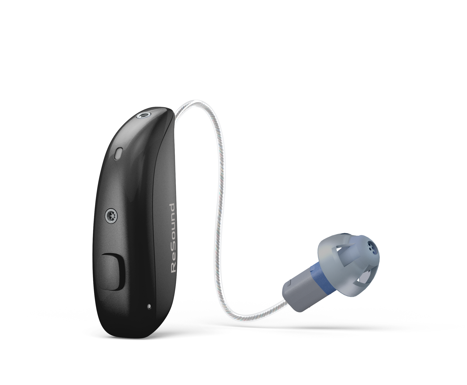 Black Oticon hearing aid with a clear ear dome.