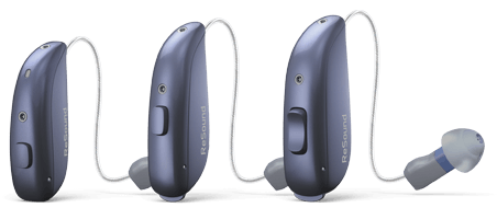 Black Oticon hearing aid with a clear ear dome.
