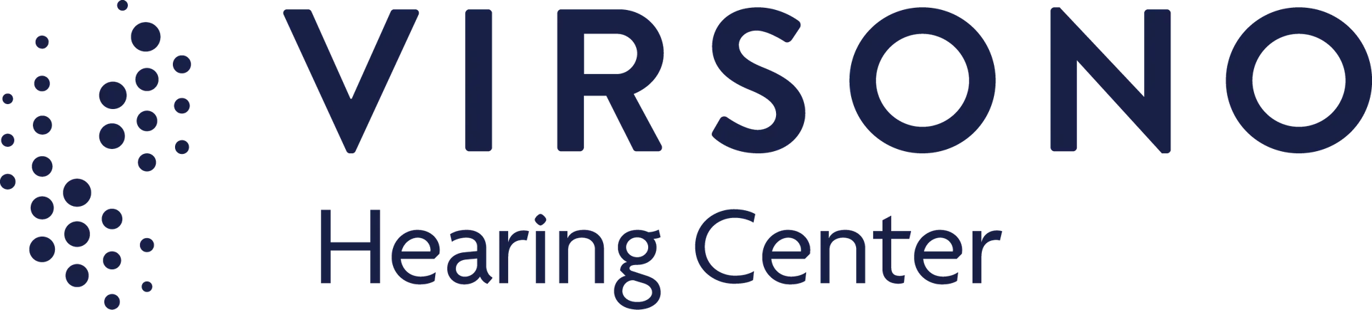Virsono Hearing Center logo. Dark blue text on a white background. Small circles on the left.