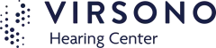 Virsono Hearing Center logo. Dark blue text on a white background. Small circles on the left.