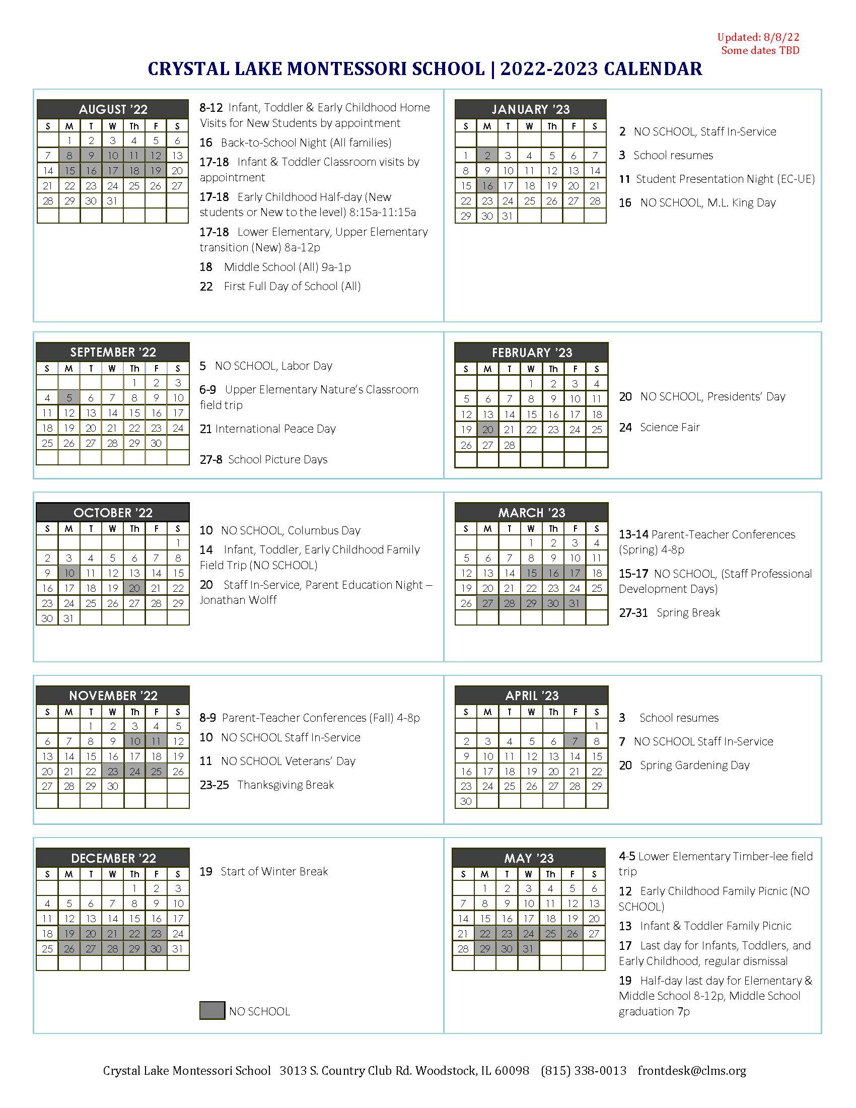 School Calendar | Crystal Lake Montessori | Woodstock, IL