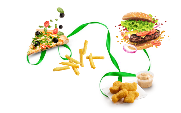 takeaway food products selection with green ribbon groceries-plus