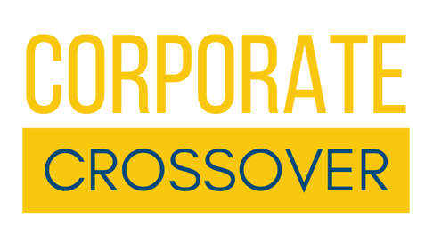 The logo for corporate crossover is yellow and blue