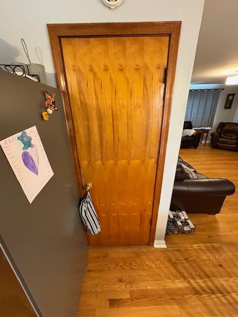 Wooden door in a house, with a kitchen fridge on the left and living room visible in the background.