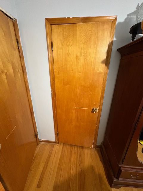 Wooden door in a room with wood floors, a closet, and a dark brown cabinet.
