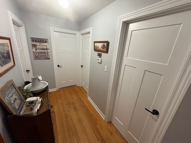 Hallway with wooden floors and light blue walls, featuring closed white doors and framed art.