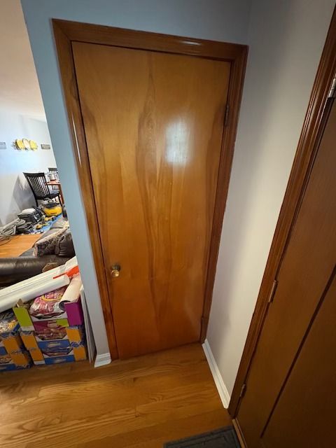 A wooden closet door in a hallway, framed by light brown molding.
