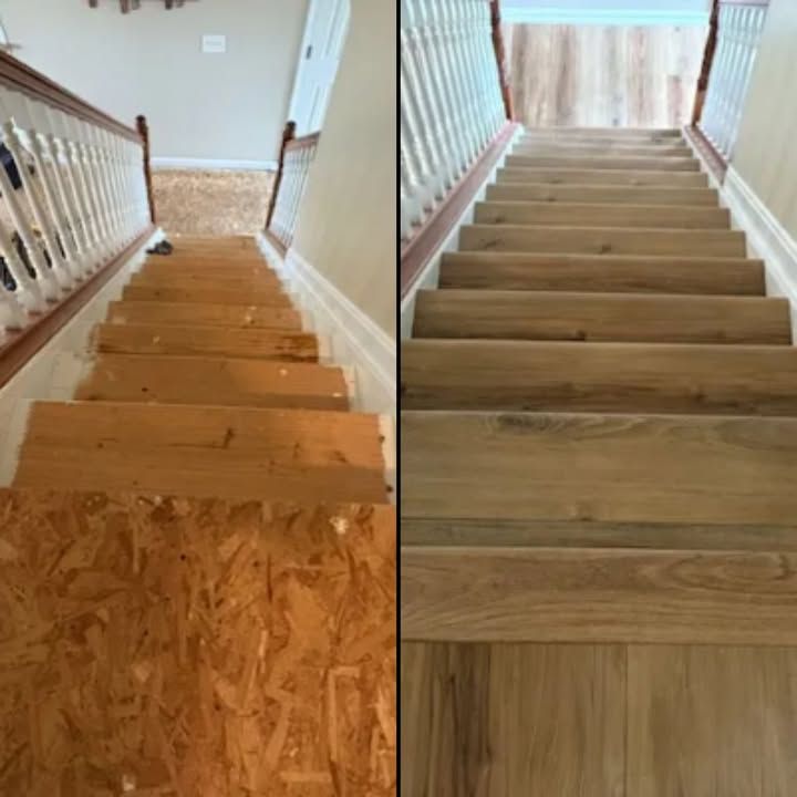 Staircase renovation showing the steps before (left) and after (right) installation of new wooden treads.