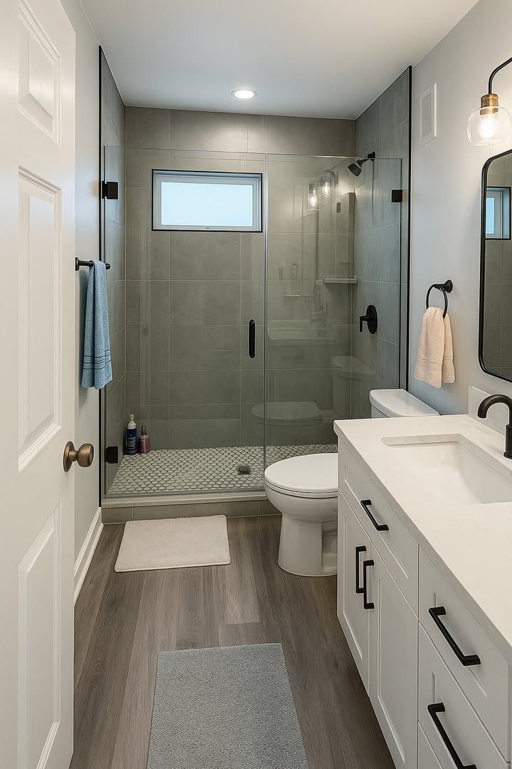 Modern bathroom with gray tile shower, white vanity, and dark fixtures.