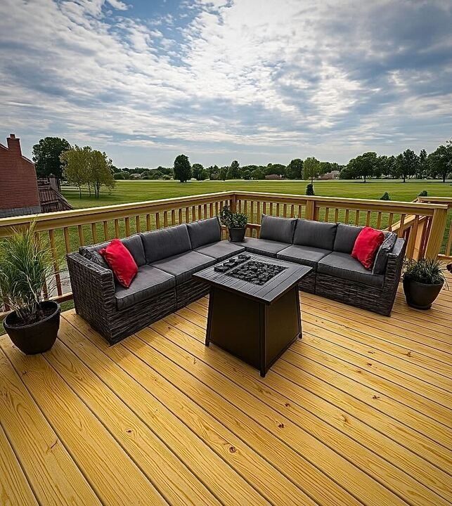 Outdoor deck with gray wicker sectional, red pillows, fire pit, overlooking a field.