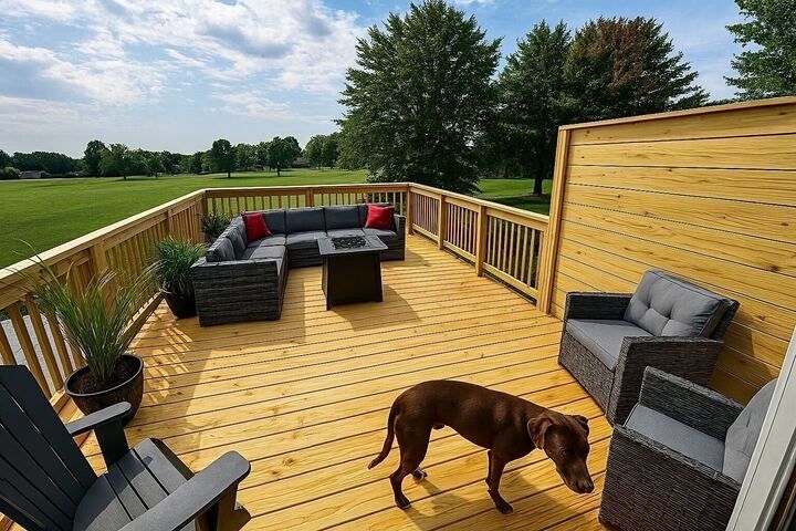 Wooden deck with outdoor furniture and a dog, overlooking a golf course.