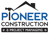 Logo for Pioneer Construction: Blue and black text with a hammer and house icon.