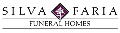 Logo for Silva Faria Funeral Homes, featuring text and a diamond-shaped emblem on a purple background.