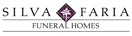 Logo for Silva Faria Funeral Homes, featuring text and a diamond-shaped emblem on a purple background.