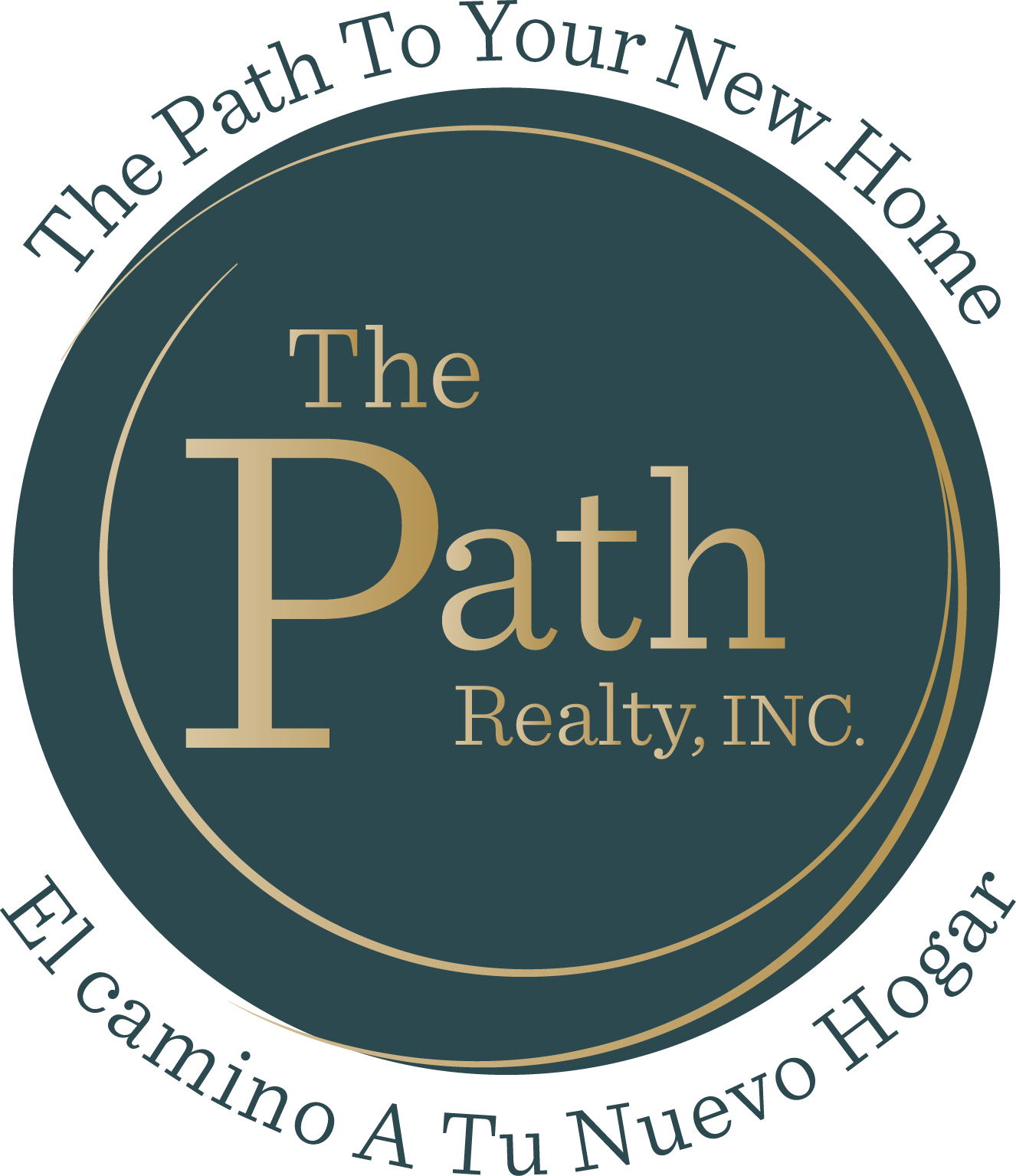 Logo for "The Path Realty, INC." with a circular design, teal and gold, text in English and Spanish.