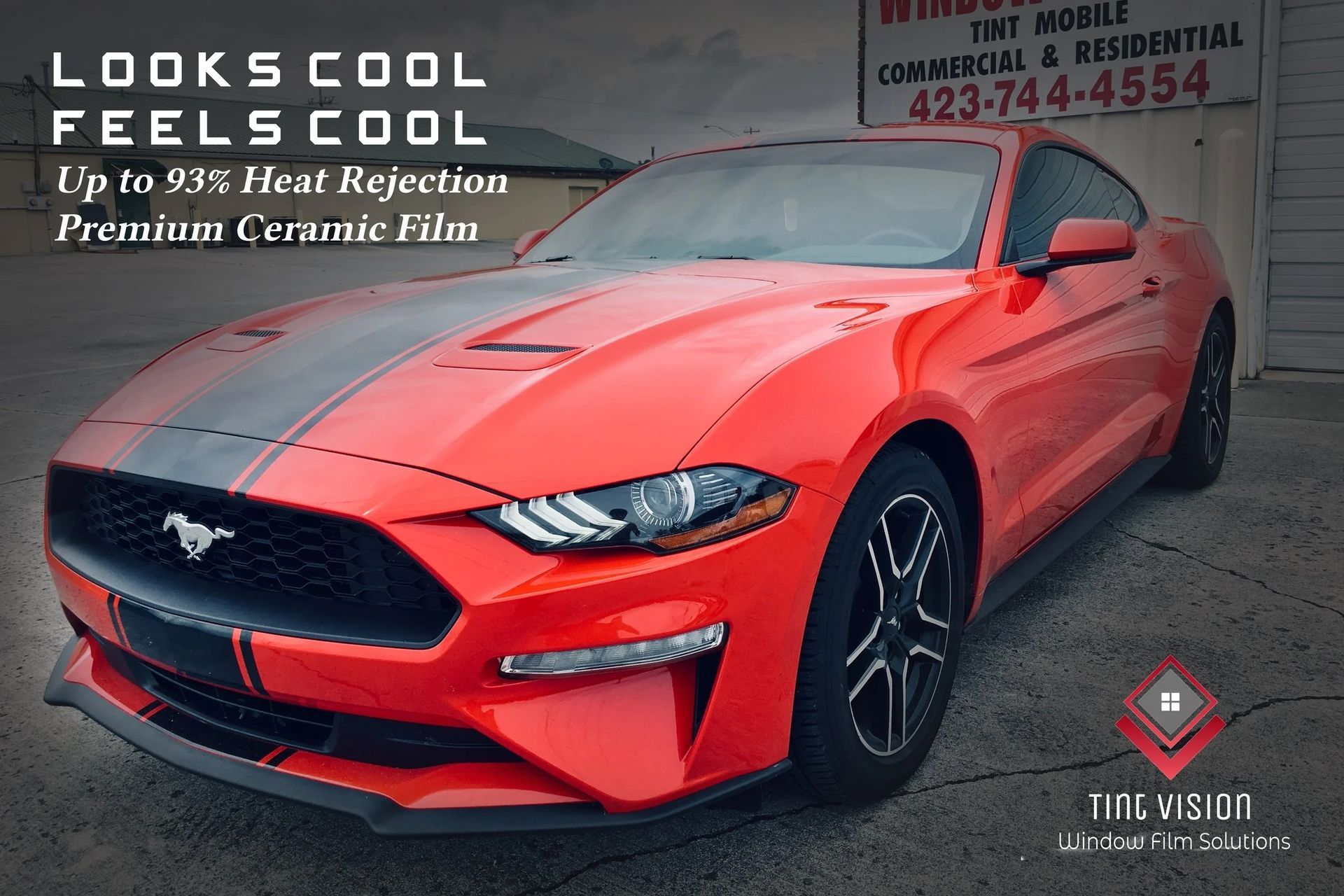 Red Ford Mustang with black racing stripes; advertisement for window tinting, 
