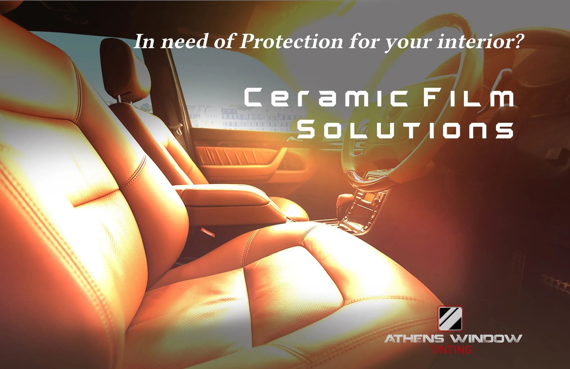 Car interior with illuminated leather seats, text 