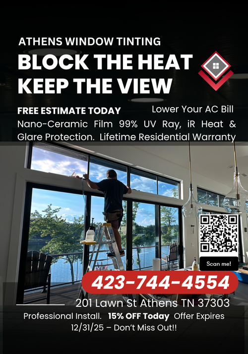 Advertisement for Athens Window Tinting with phone number, discount, and a person installing film on a window.