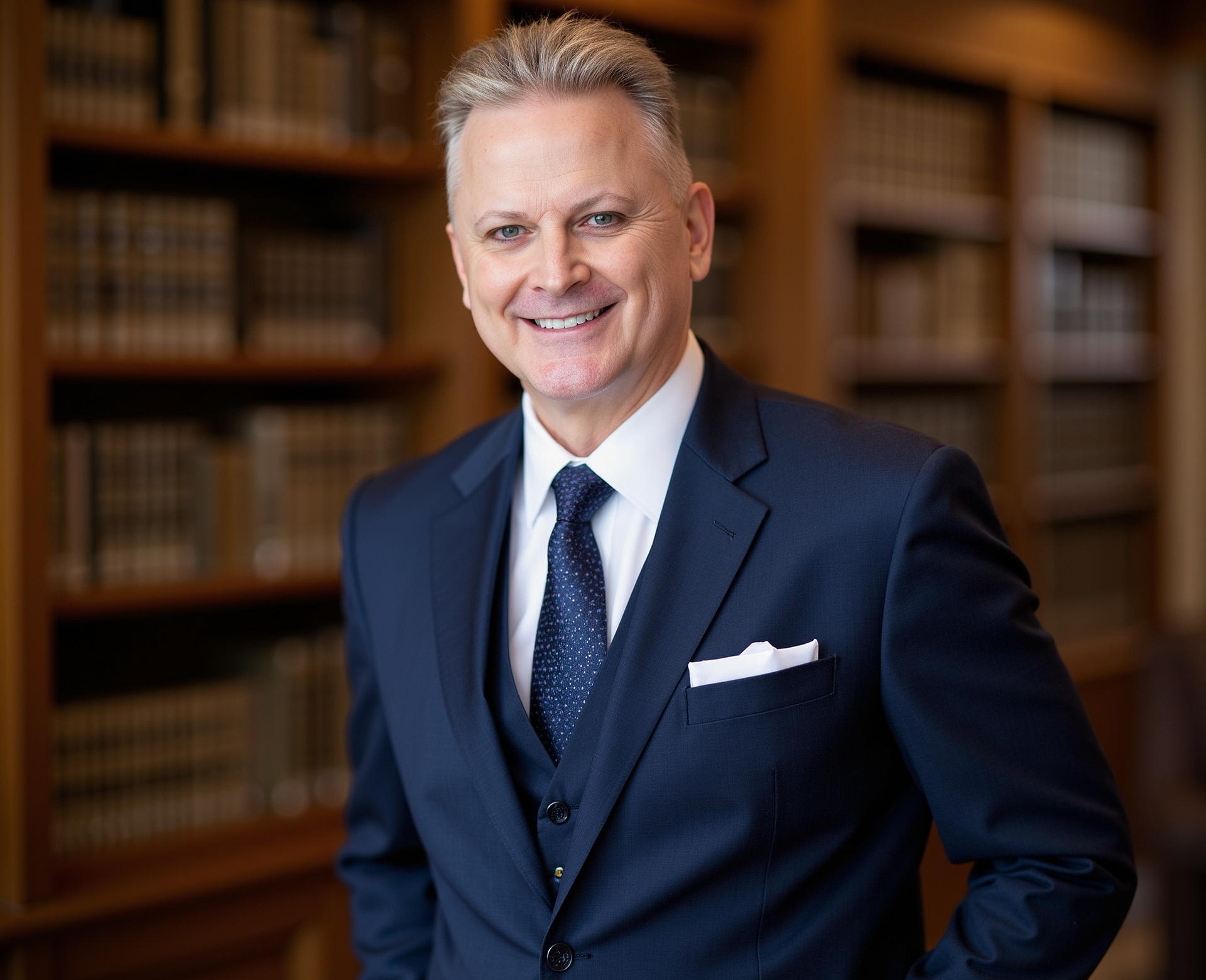 A smiling professional in a dark suit, vest, and tie, standing in front of a blurred wooden library bookshelf.