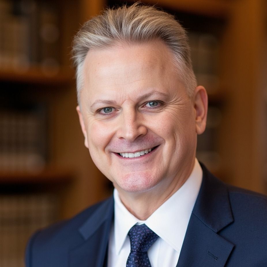 A professional headshot of a smiling person in a blue suit and patterned tie, set against a blurred library background.