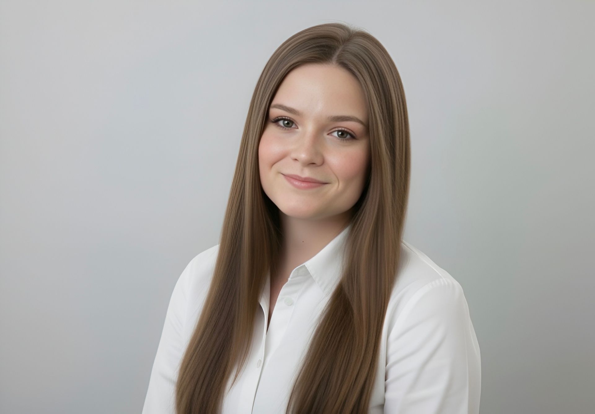 Woman with long brown hair, wearing a blue blazer and white shirt, smiling.