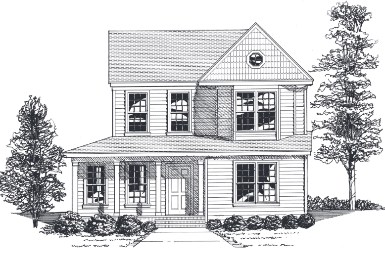 Two-story house with a porch and gabled roof; trees and shrubs in front.