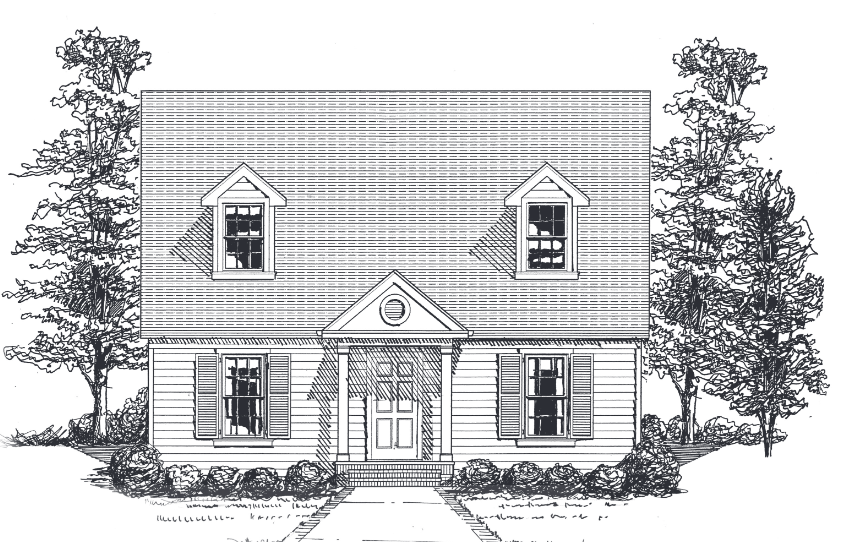 A drawing of a house with a central entrance, two first-floor windows, and two dormer windows.