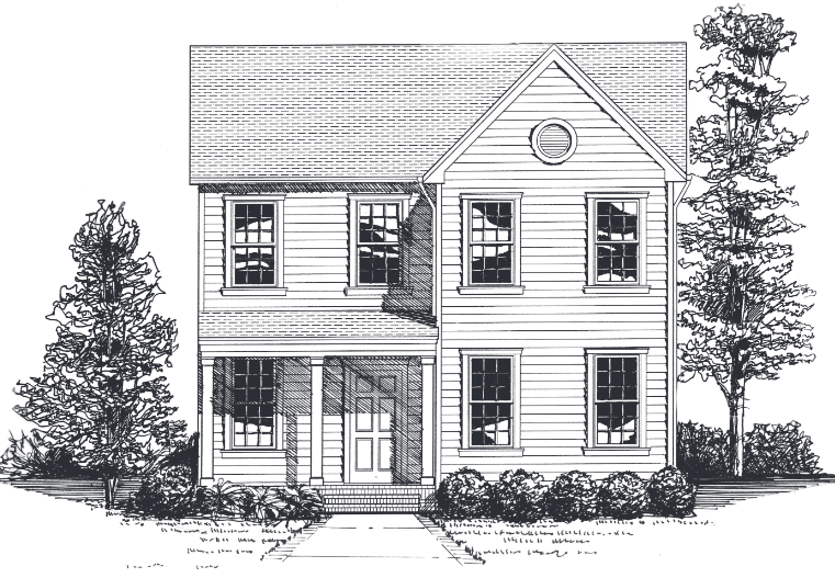 Two-story house with porch and gabled roof. Trees frame the structure.