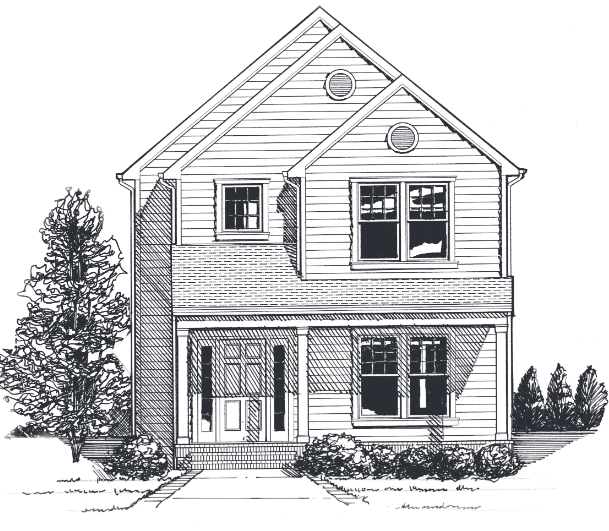 Two-story house with front porch, two windows on each floor, and a walkway.