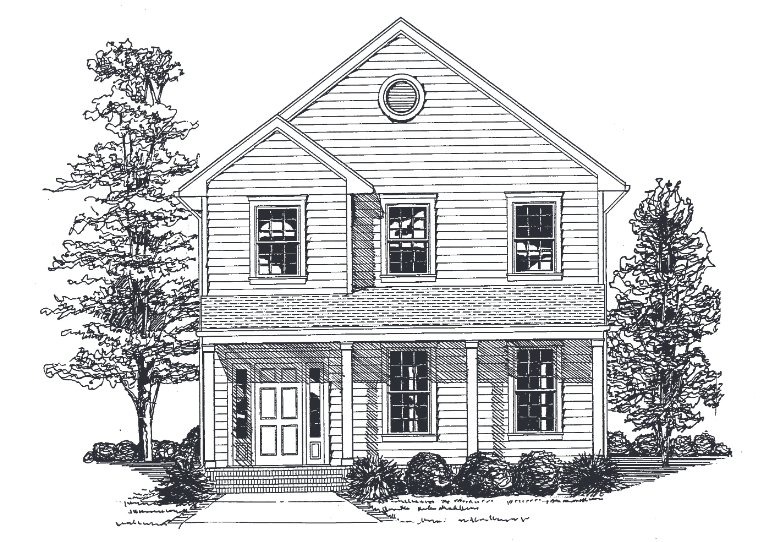 Two-story house with porch, windows, front door, and trees.