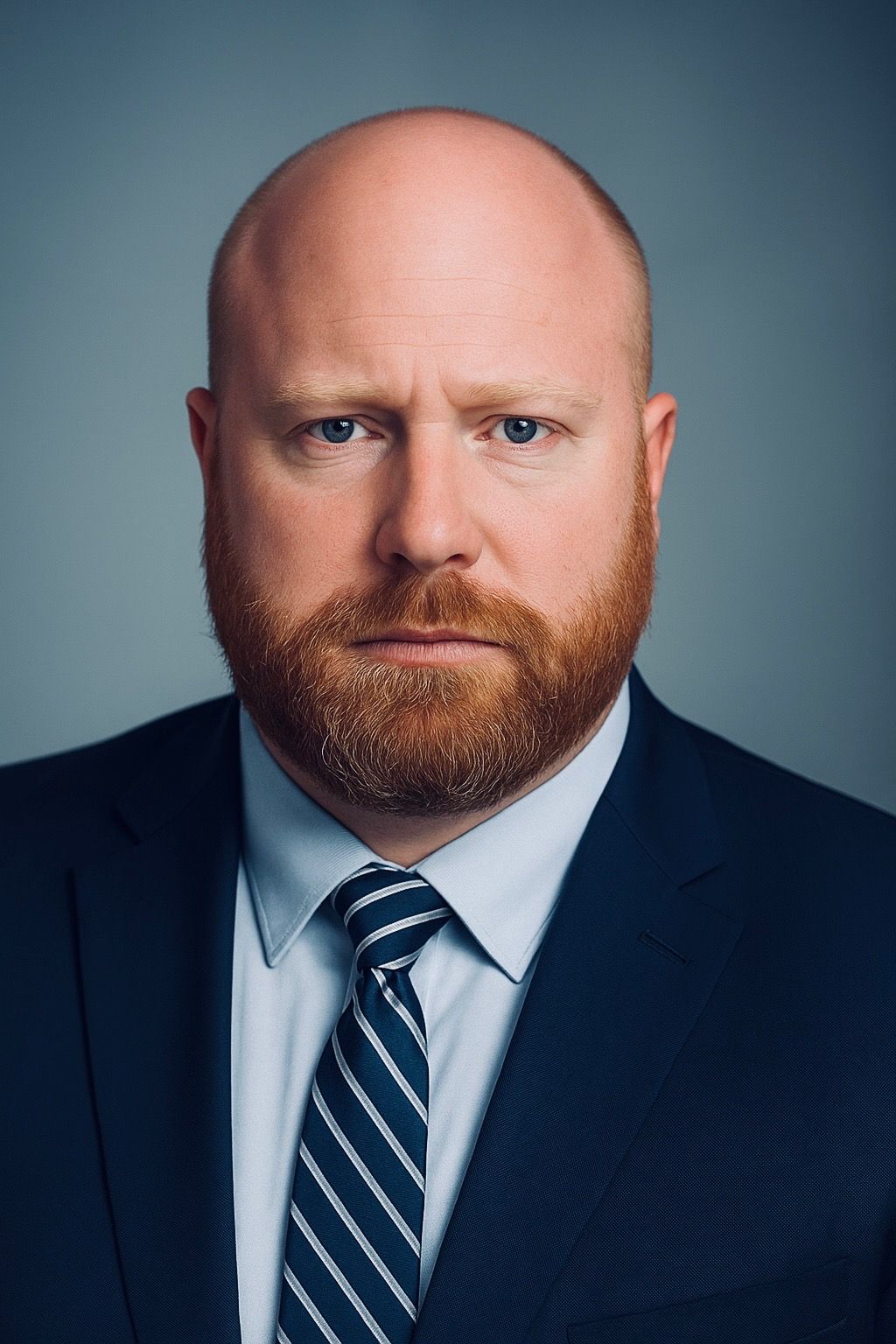 Man with red beard, wearing a navy suit and patterned tie, looks directly at the camera with a serious expression.
