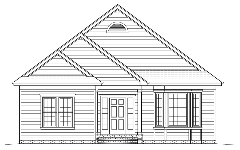 Front view of a house with a gable roof, horizontal siding, and a small porch with a front door.
