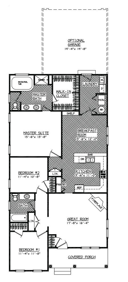 Floor plan of a house with rooms including bedrooms, a kitchen, a living area, and a garage.