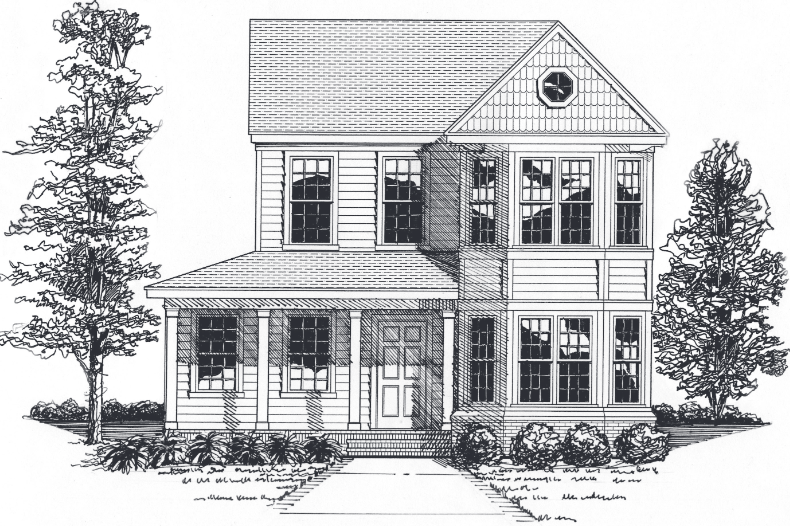 Two-story house with a porch and windows, trees on either side, and a brick pathway.