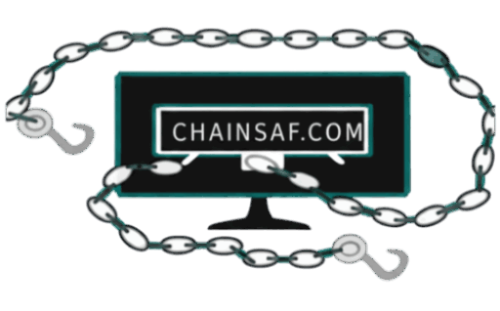 A computer monitor with a website address CHAISAF.COM is wrapped by a chain with two hooks.