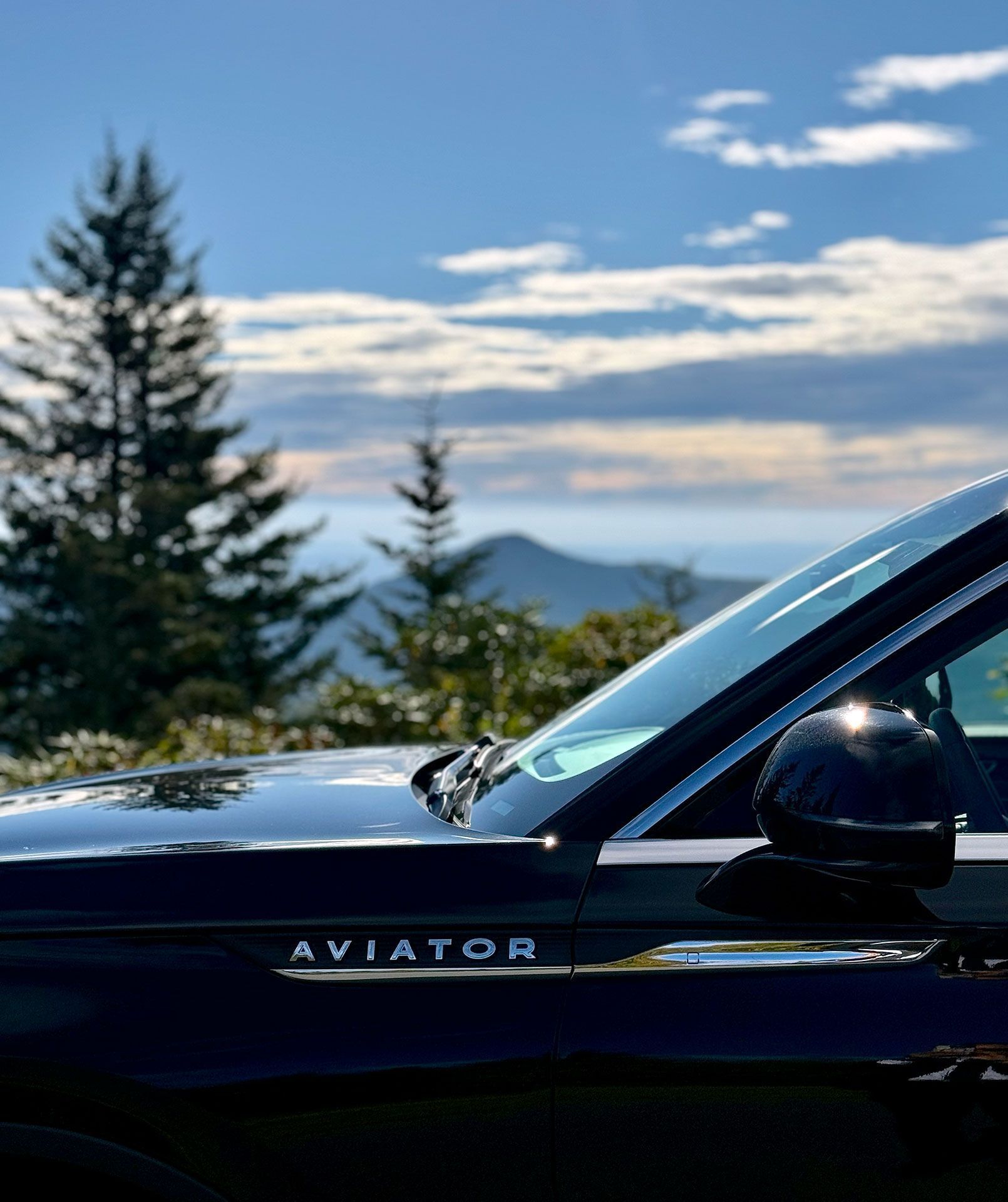 Waterfall cascading down dark rocks, surrounded by lush green trees.