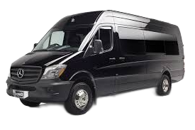 Dark gray Mercedes-Benz Sprinter van, parked, on a white background.