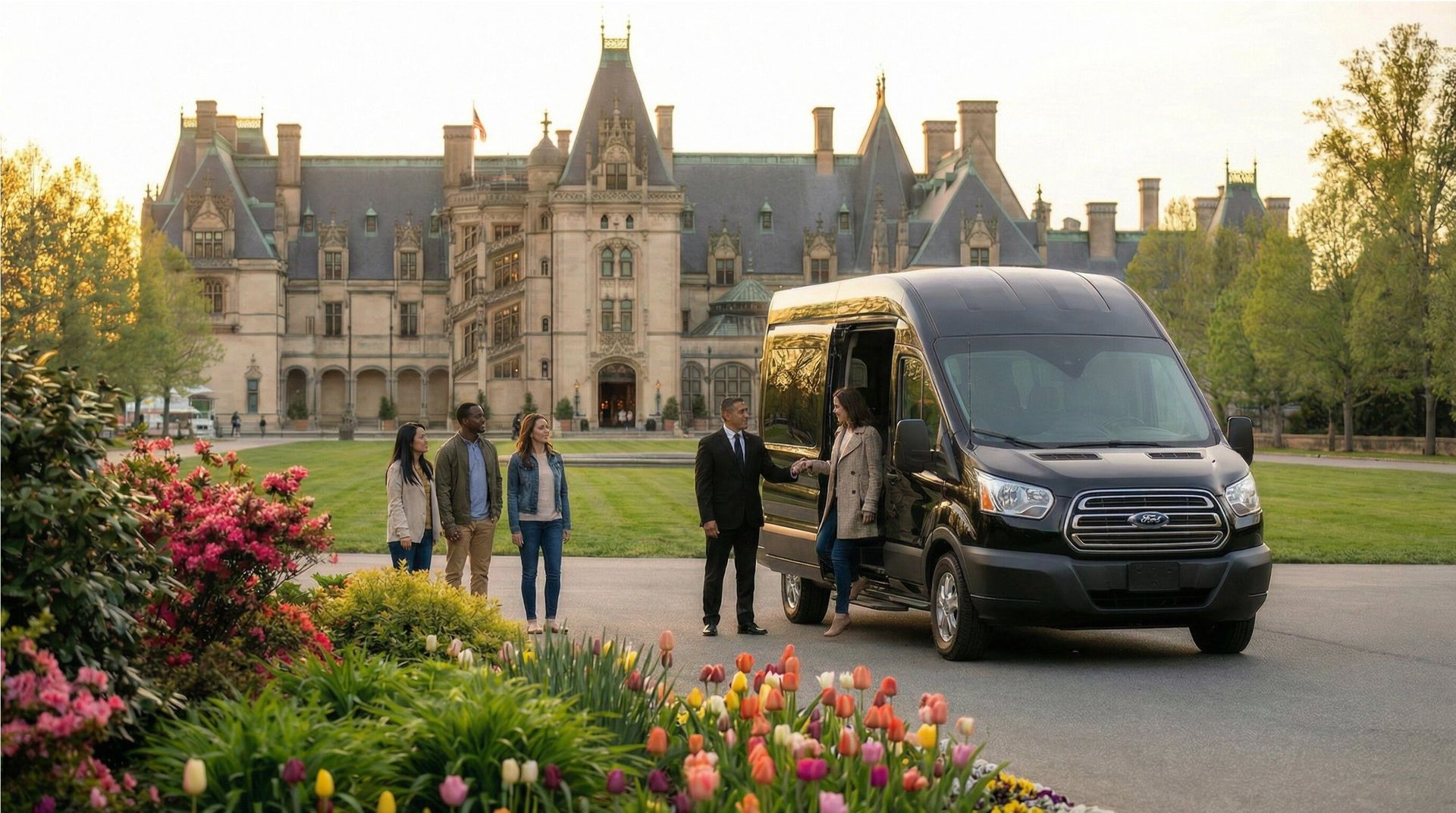 Highland Brewing Event Center entrance at dusk with lit sign and flag.