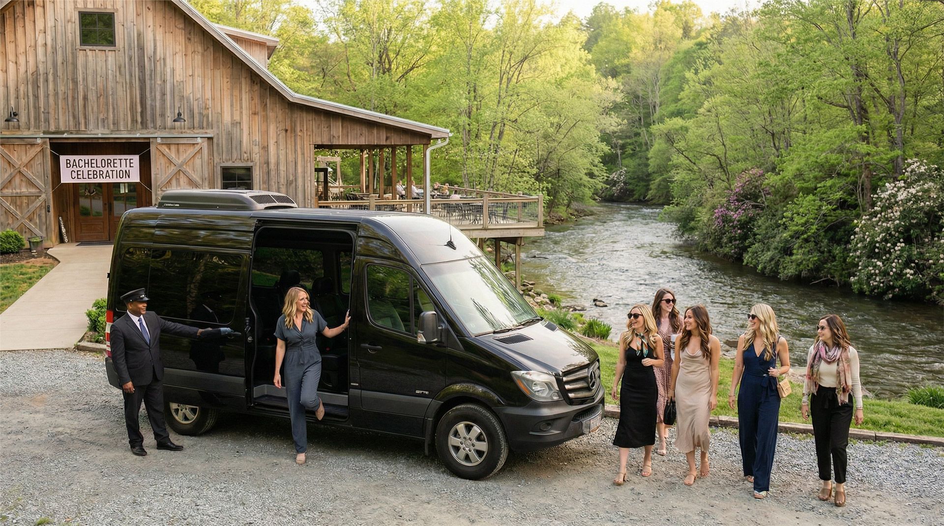 Bachelorette party exiting Ford Transit Van in front of a brewery by a stream.