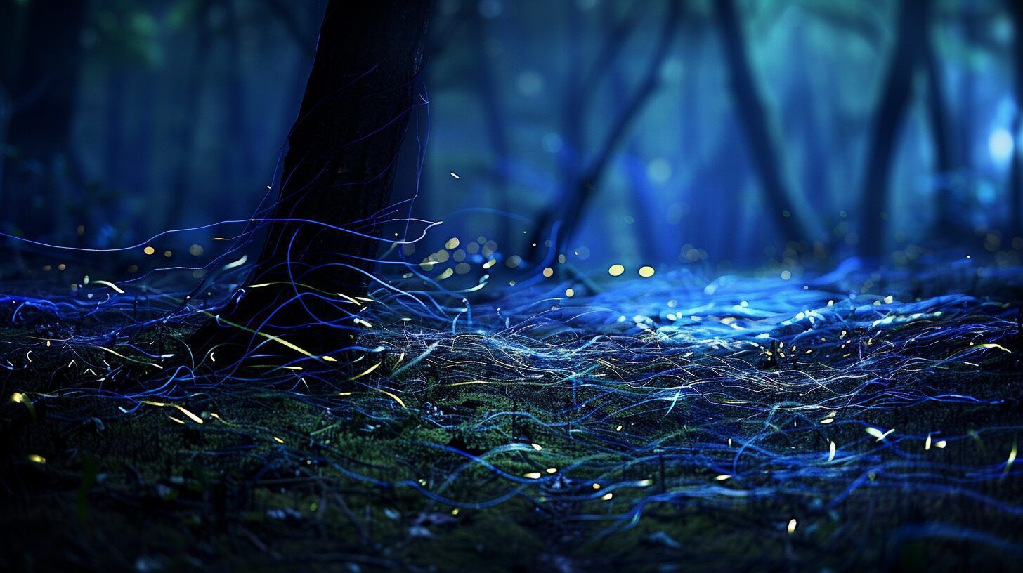 A dark forest floor illuminated by glowing blue light and streaks of  blue ghost fireflies. 