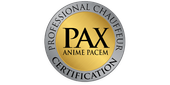 PAX Professional Chauffeur Certification badge. Gold and silver circular emblem with text.