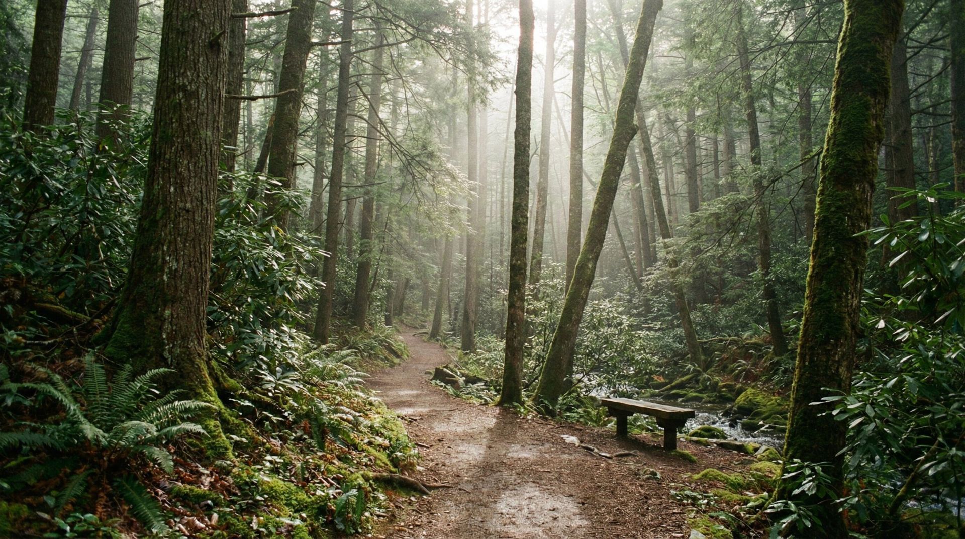 Trail through a misty forest in Western North Carolina with tall trees, ferns, and a bench.
