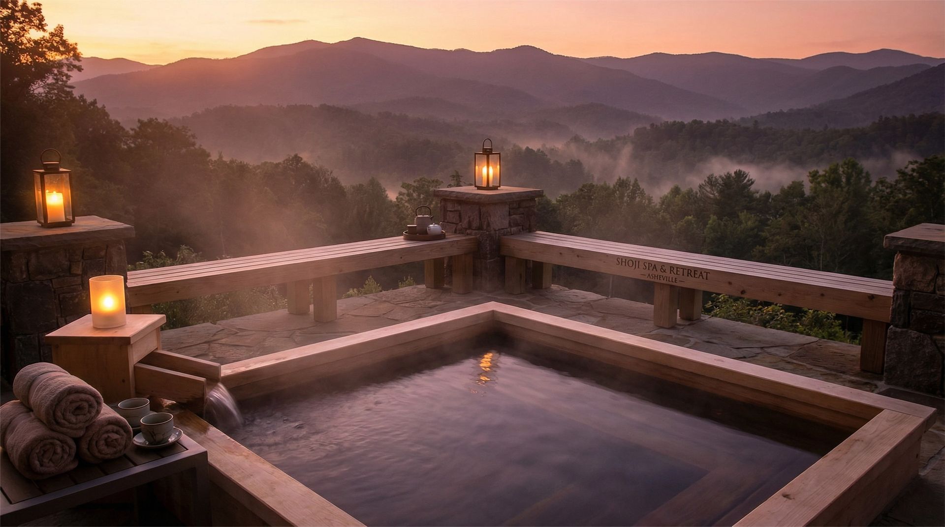 Outdoor hot tub at Asheville wellness spa –overlooking the Blue Ridge Mountains.
