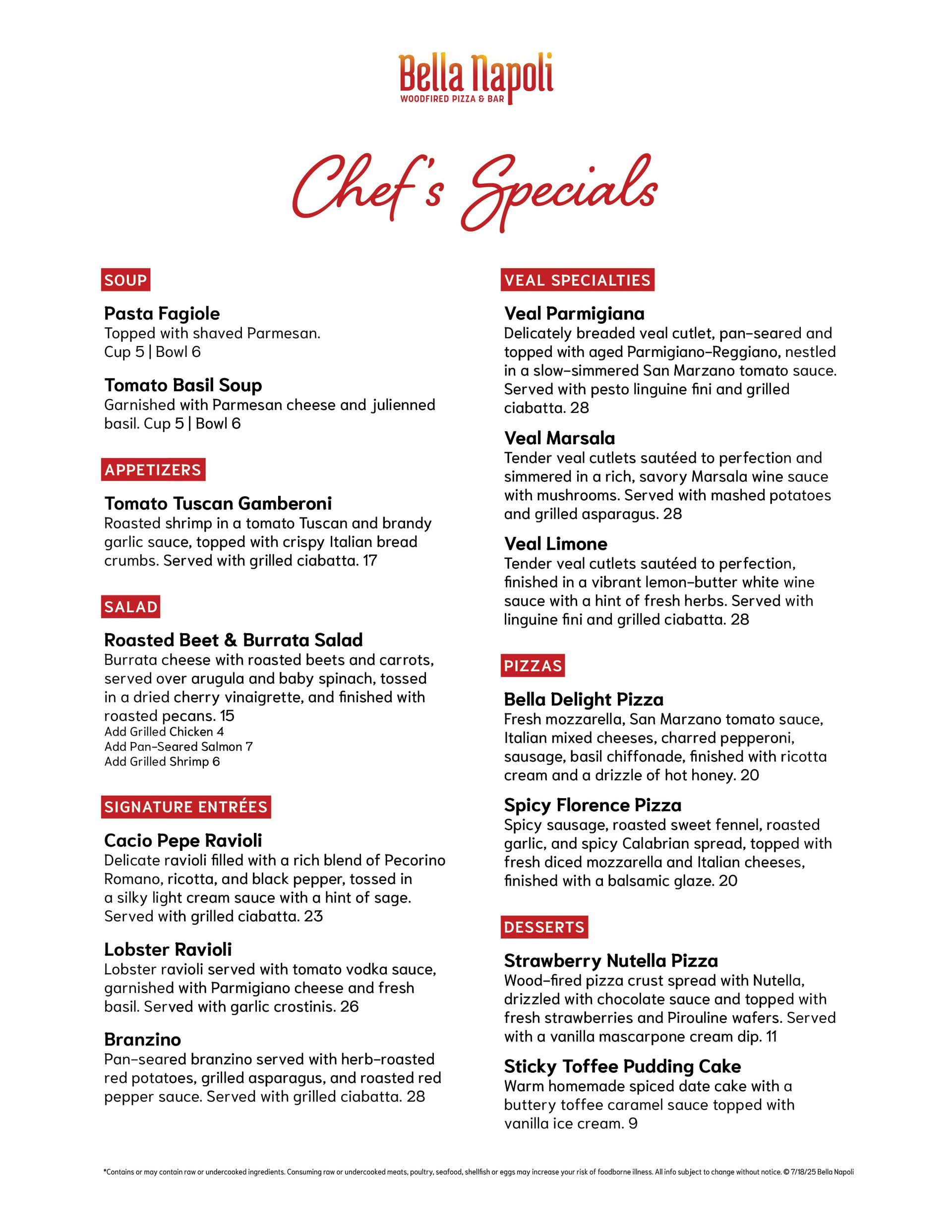 Daily Chef's Specials at Bella Napoli in Schaumurg