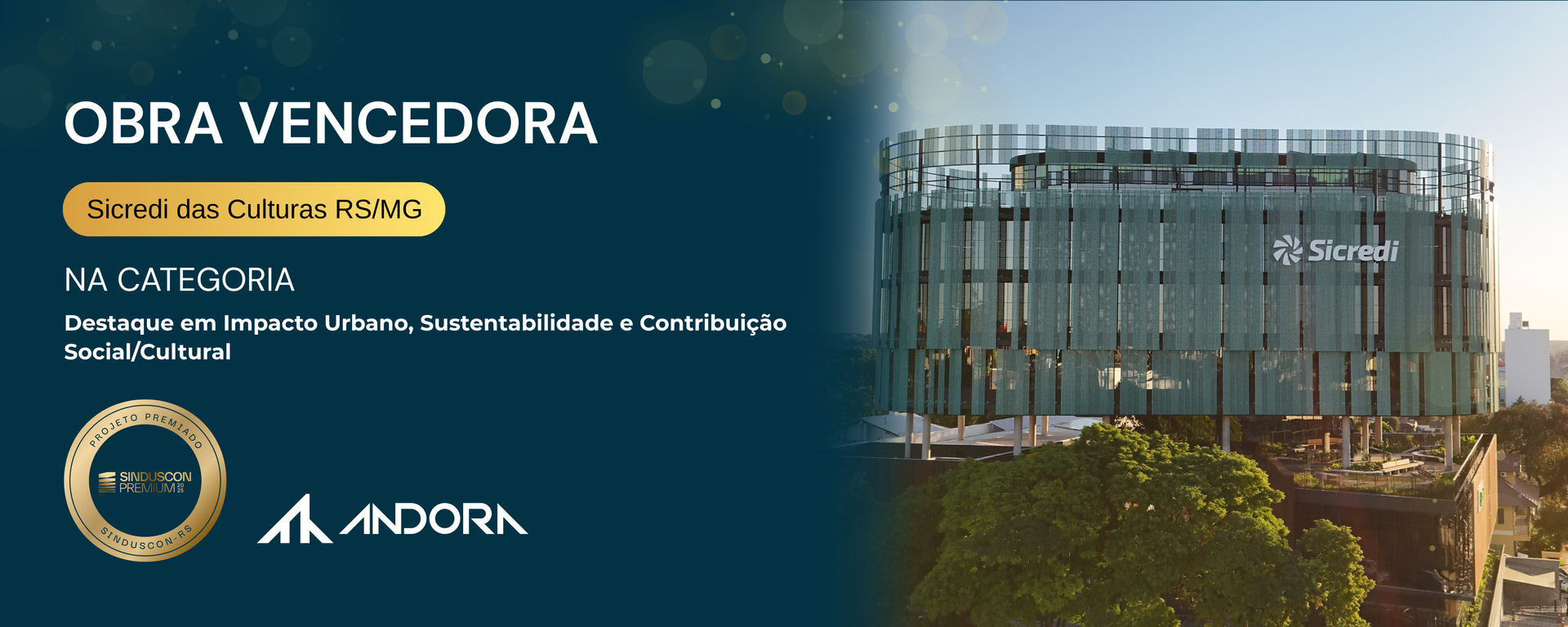 Pôster da Obra Vencedora com degradê azul e foto do prédio, destacando “Andor” e o selo de premiação.
